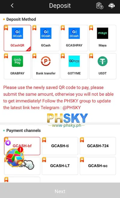 Step 1: select the deposit method as GCash. Then choose a suitable payment channel.